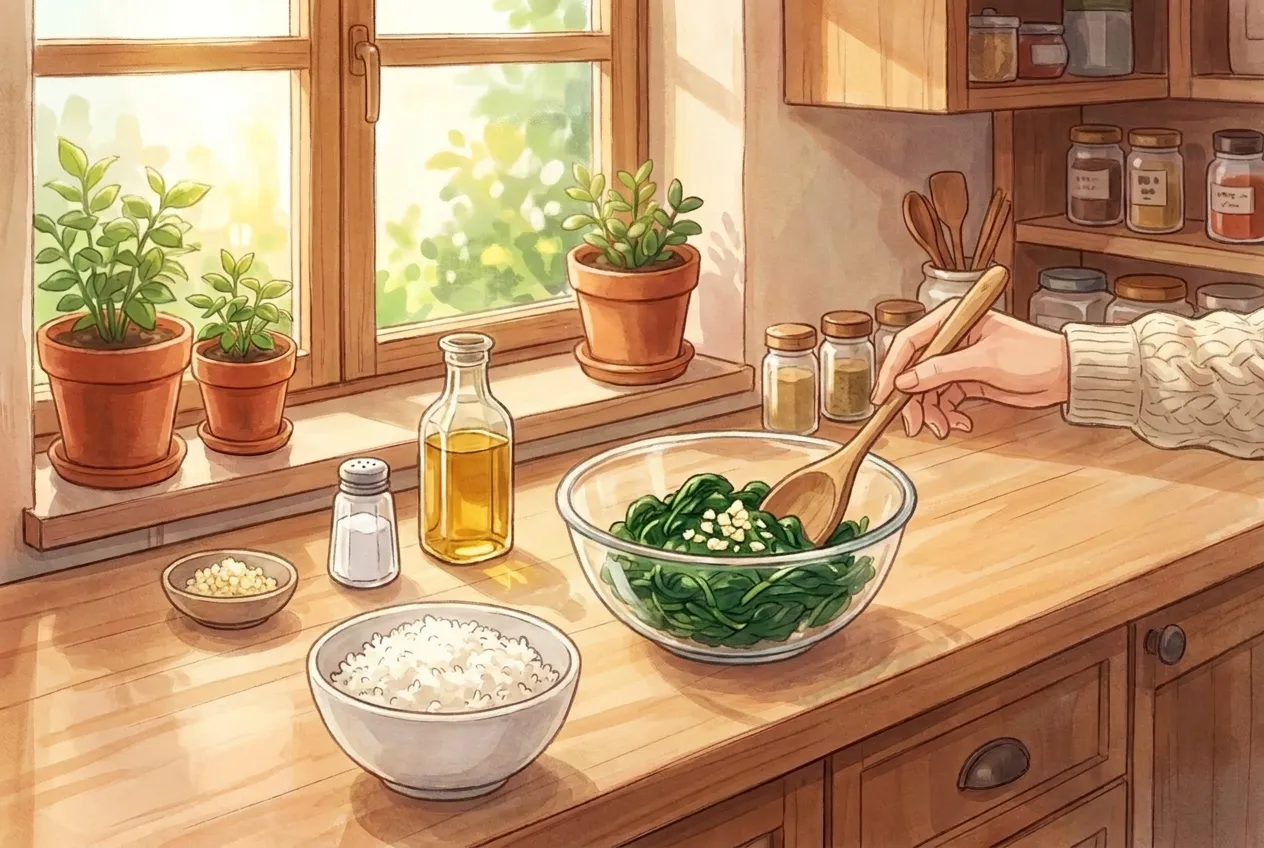 Cook the rice if you haven't already. Blanch the spinach and bean sprouts separately for about 30 seconds each, then toss each with a pinch of salt, a drop of sesame oil, and a little minced garlic.