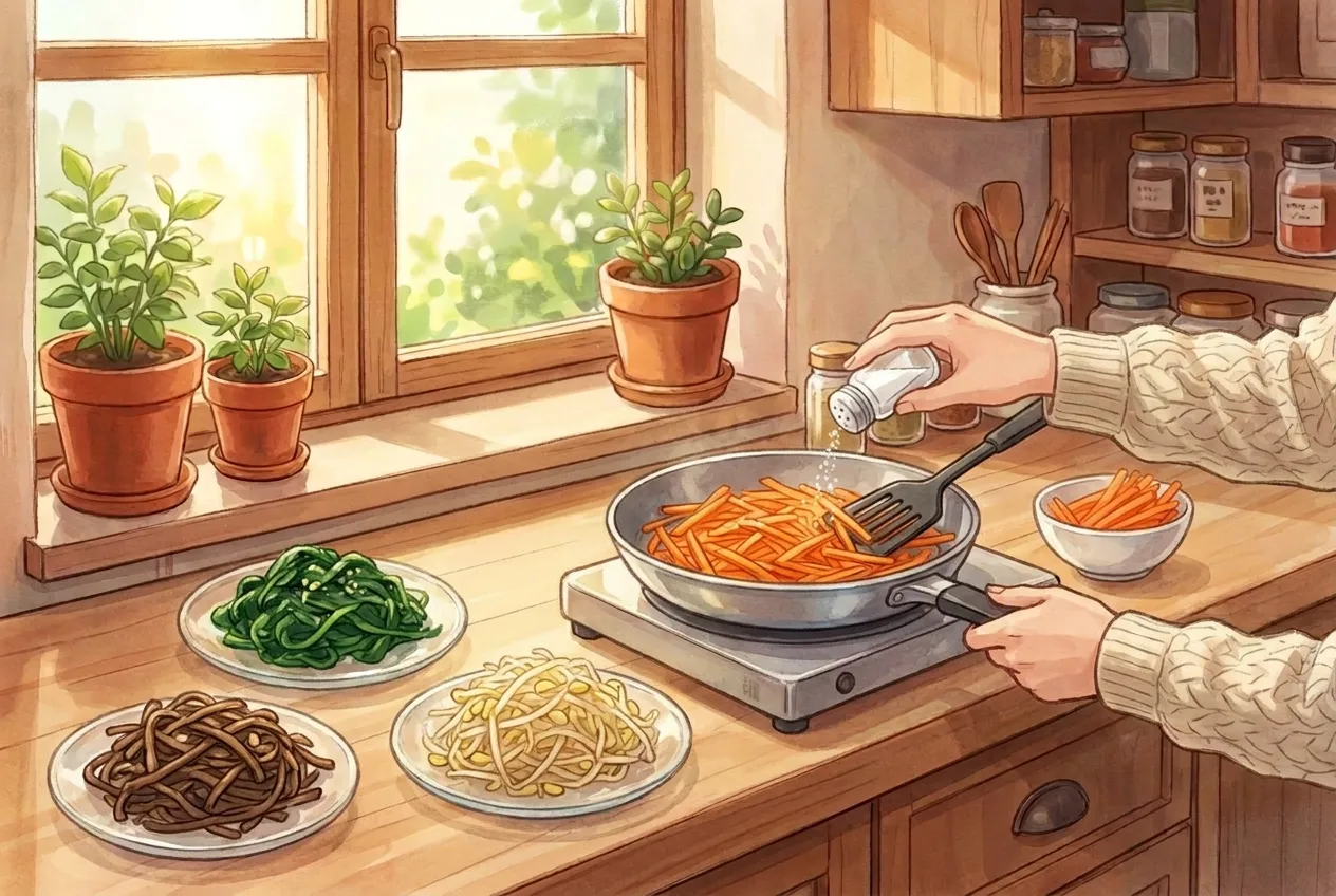 Sauté the carrot, zucchini, and mushrooms separately in a lightly oiled pan, each with a pinch of salt, until just tender. Set each vegetable aside in its own small pile.