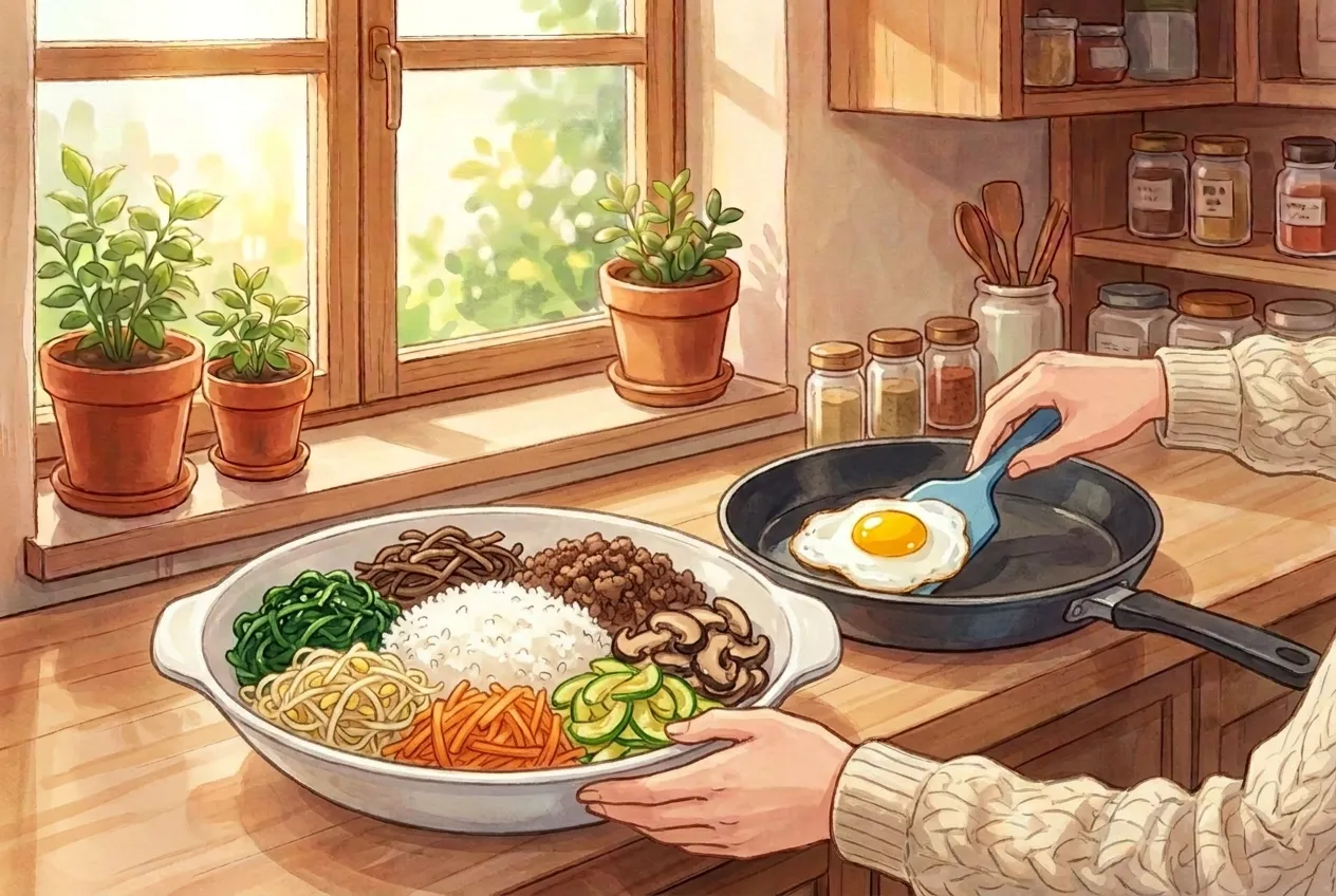 Arrange the rice in a bowl, then arrange the beef and each vegetable in its own section on top. Fry an egg sunny-side up and place it in the center.