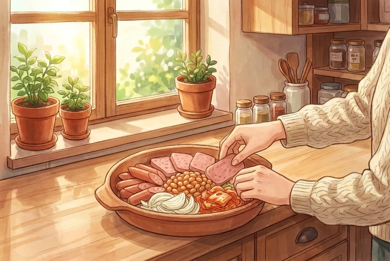 Arrange spam, hot dogs, onion, kimchi, and baked beans in a wide, shallow pot.