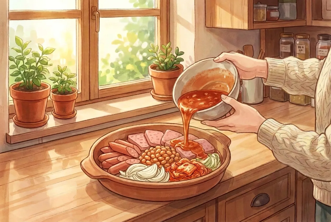 Mix gochujang, gochugaru, and garlic with the water into a broth, then pour it over everything in the pot.