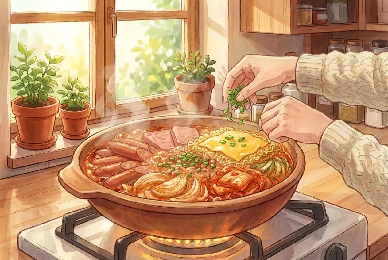 Lay the cheese slice on top so it melts into the broth. Scatter green onion over the top and serve straight from the pot.
