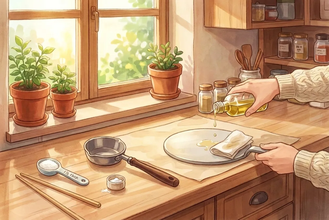 Lightly oil a sheet of parchment paper and a flat-bottomed press (a metal measuring cup or the base of a small jar works well). Keep them next to the stove — you'll need to move fast later.