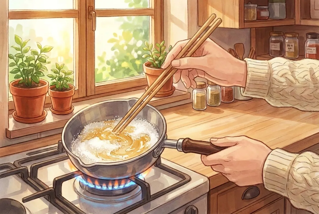 Put the sugar in a metal ladle and hold it over low heat, stirring constantly with a wooden chopstick, until it melts completely and turns a light golden amber. Keep the heat low — rushing it is the most common reason for burnt, bitter candy.