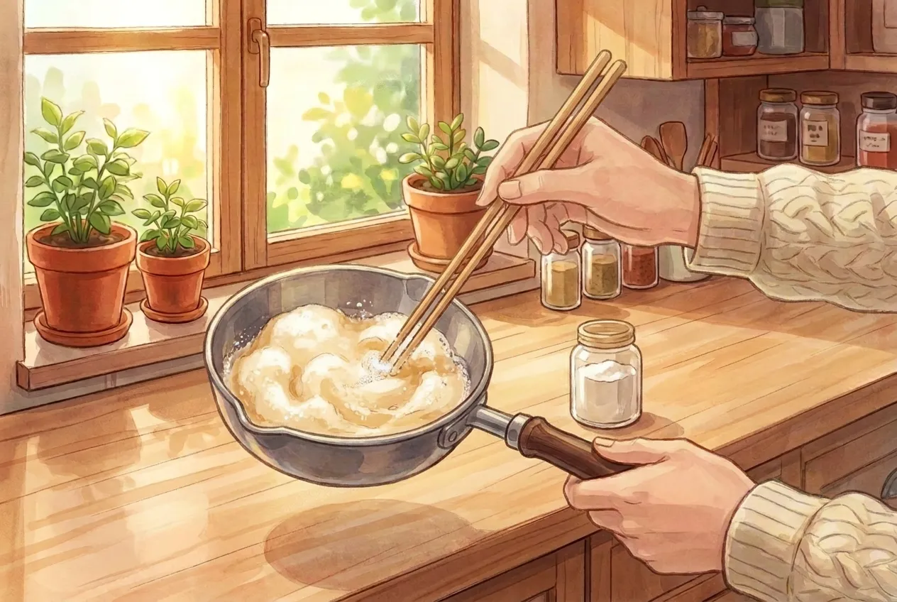 Take the ladle off the heat and add a tiny pinch of baking soda. Stir quickly for a few seconds until the syrup puffs up, turns pale tan, and looks foamy.