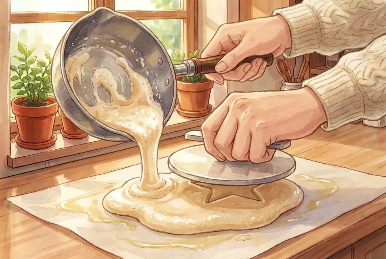 Pour it onto the oiled parchment right away, then press it flat with the oiled press to about 5mm (¼ inch) thick.