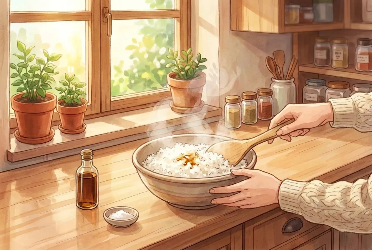 Mix the warm rice with 1 tsp sesame oil and ½ tsp salt. Let it cool slightly while you prepare the fillings.