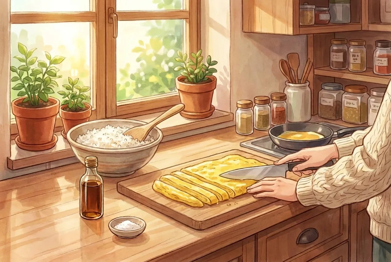 Make a thin, flat omelet from the beaten eggs in a lightly oiled pan over low heat. Let it cool, then cut it into long strips.