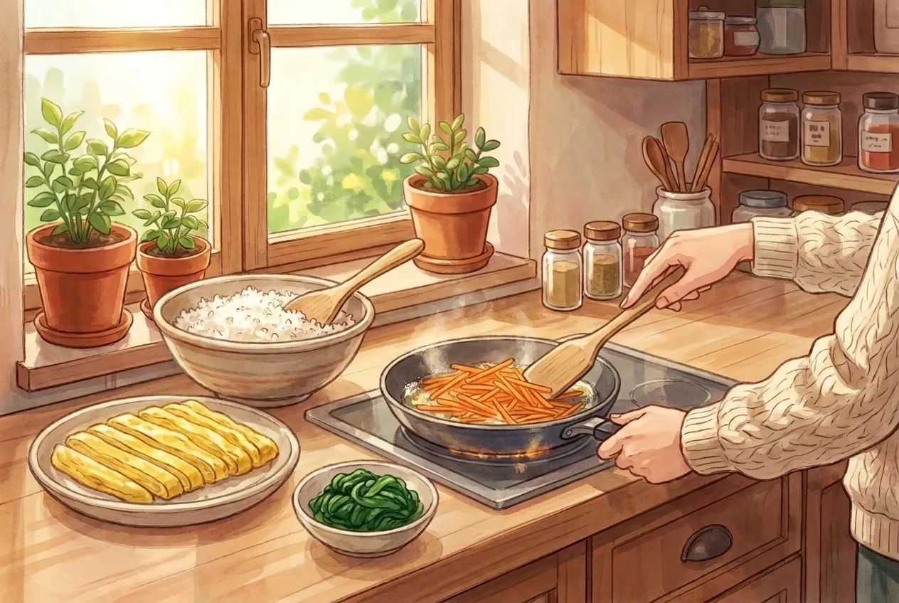 Stir-fry the carrot strips in a little oil with a pinch of salt for about 2 minutes until just tender. Briefly blanch the spinach, squeeze out the water, and season with a drop of sesame oil and a pinch of salt.