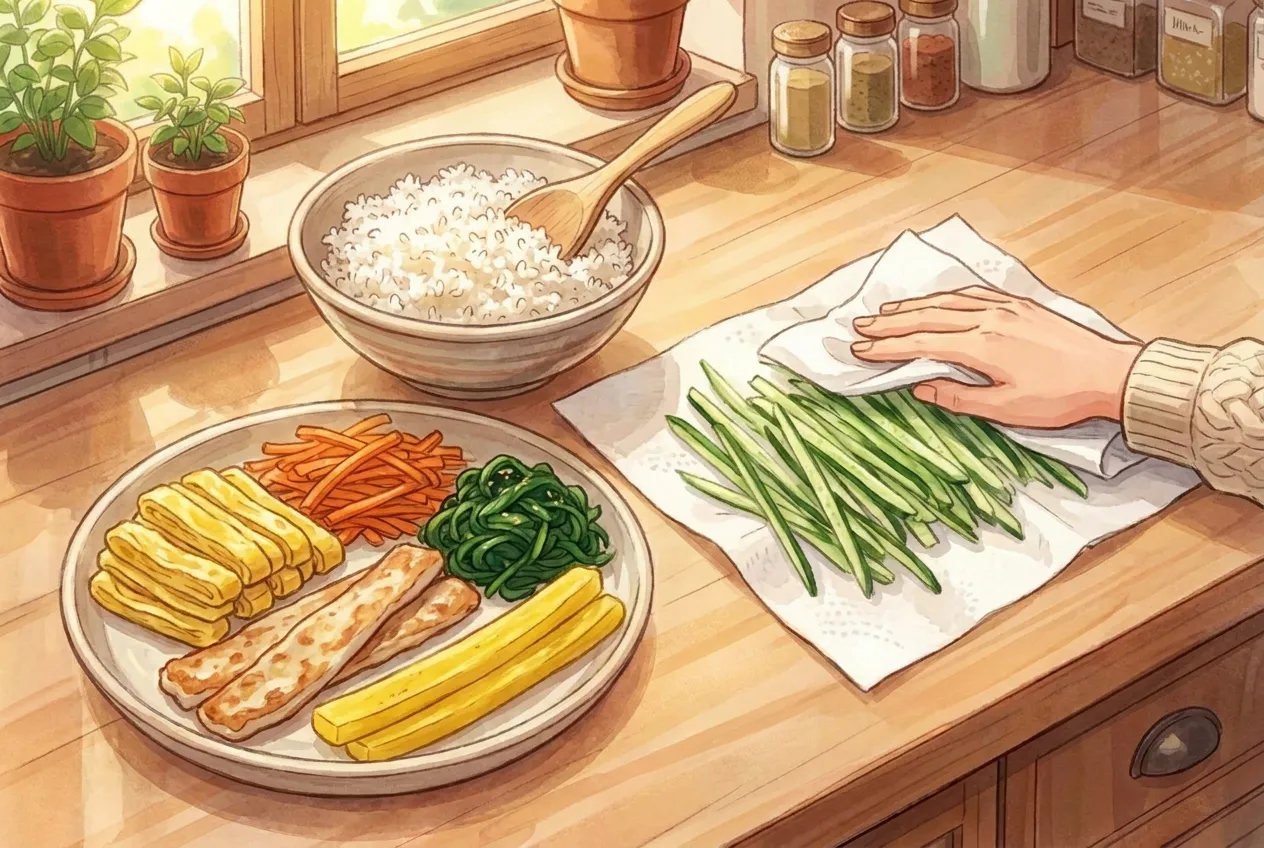 Lightly pan-fry the fish cake or ham if using. Pat the cucumber strips dry so the roll doesn't get soggy.