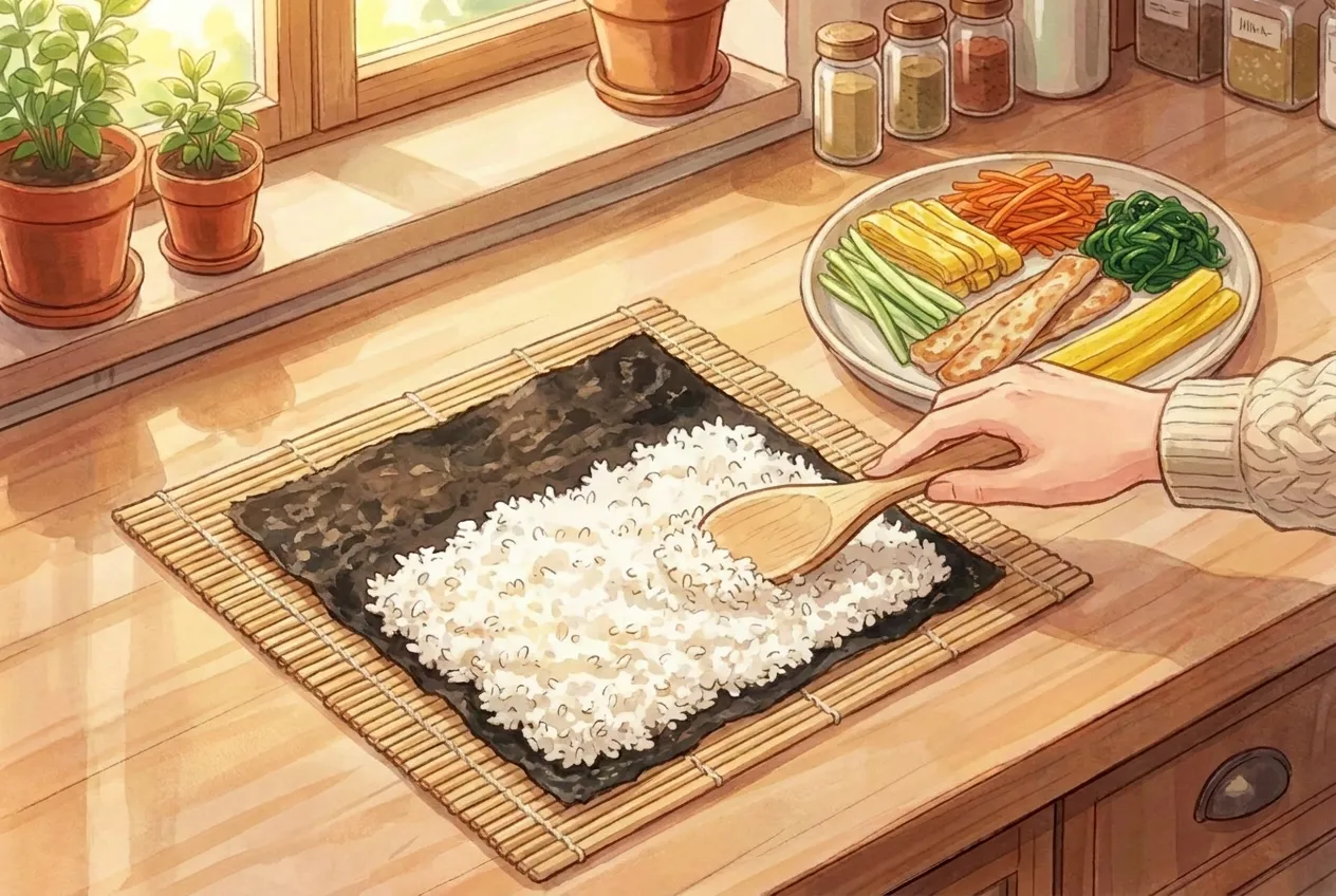 Place a seaweed sheet shiny-side down on a bamboo mat (or a clean kitchen towel). Spread about 1 cup of rice in a thin, even layer, leaving about 2 inches uncovered at the far edge.