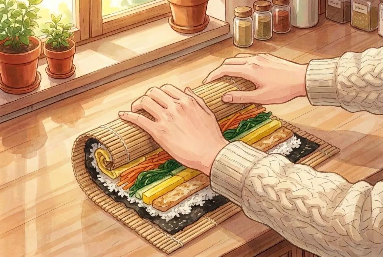 Lay the fillings in neat lines across the rice near the edge closest to you. Lift the mat, roll the edge over the fillings, tuck in, and press firmly as you roll to the end.