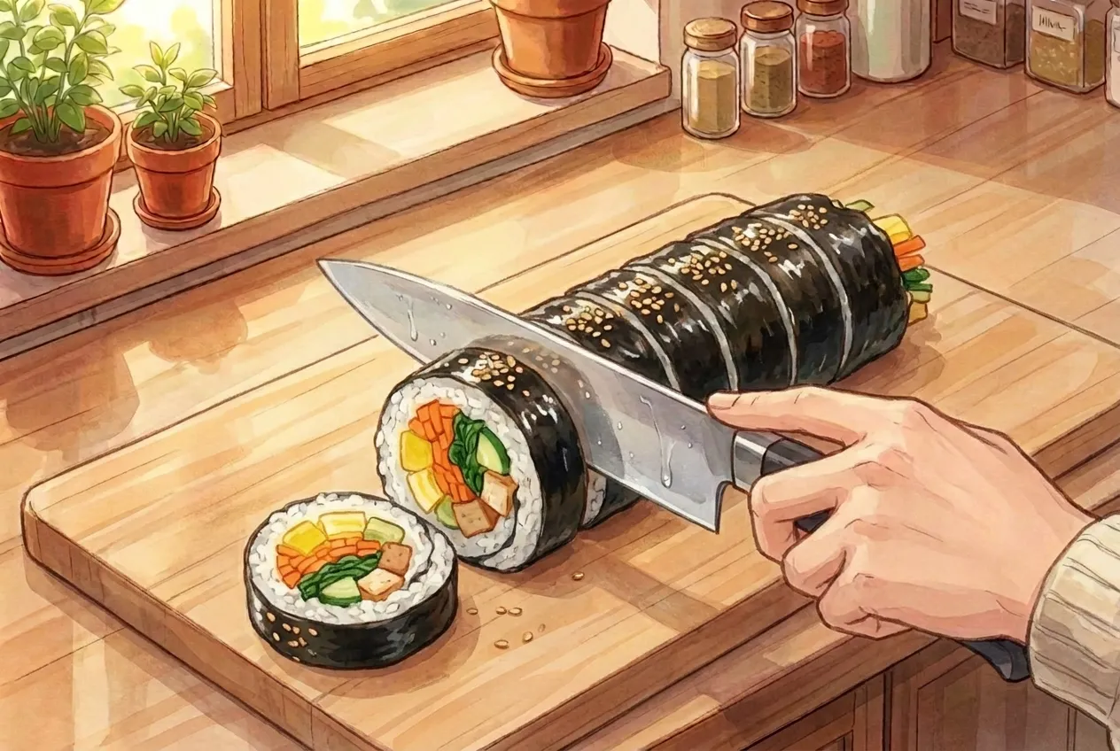 Brush the finished roll with a little sesame oil and sprinkle with sesame seeds. Slice with a sharp, slightly damp knife into bite-size pieces, wiping the blade between cuts.