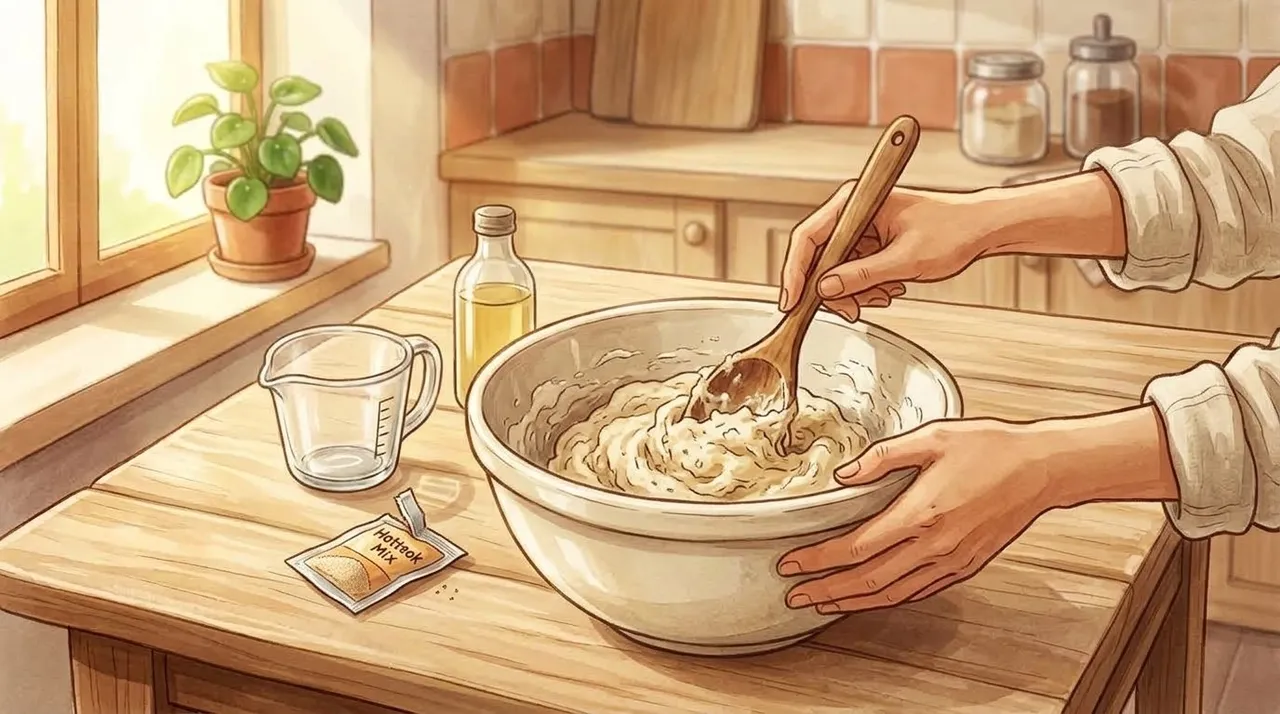 Stir the sugar, yeast, salt and oil into the lukewarm water. Add the flour and mix until no dry streaks remain; the dough will be sticky and that is fine. Cover and leave it somewhere warm for about 1 hour, until it has roughly doubled.