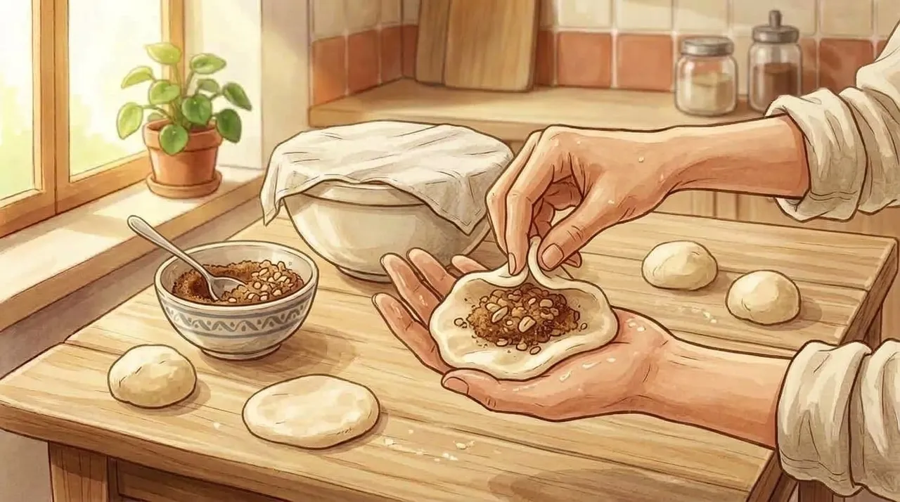 Oil your hands and a work surface lightly, then divide the dough into 8 pieces. Flatten one piece in your palm, spoon in about 1 tablespoon of filling, then pull the edges up and pinch firmly to seal into a ball.