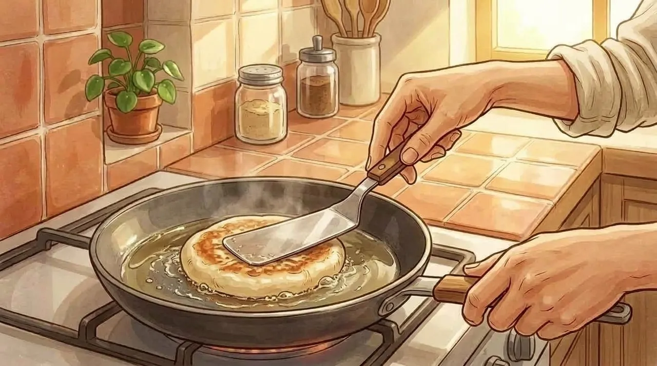 Press the ball flat with a spatula (or an oiled flat-bottomed cup) into a disc about 1 cm thick, and cook 1-2 minutes per side until golden. Serve warm: the filling turns to syrup and is very hot, so let it rest a minute before biting.