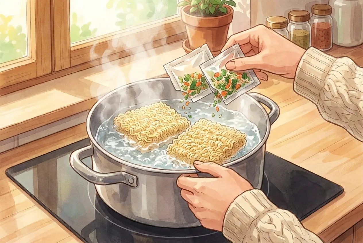 Bring about 4 cups of water to a boil in a large pot. Add the noodles from both packs along with the vegetable flakes from both packets.