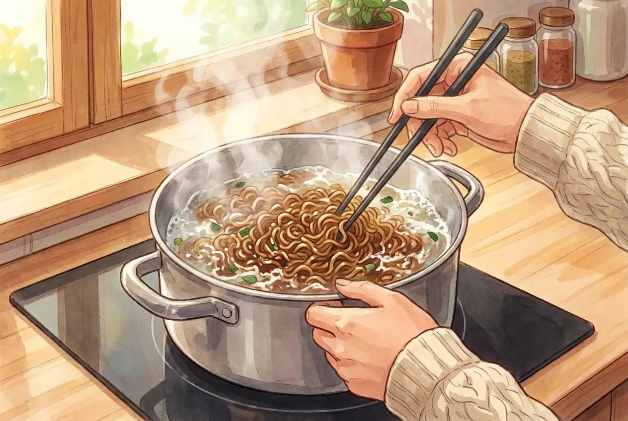 Boil for about 4-5 minutes, until the noodles are just tender. Scoop out about 1/2 cup of the cooking water and set it aside, then drain the noodles well.