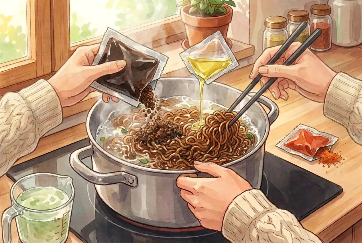 Return the noodles to the empty pot over low heat. Add the whole Chapagetti sauce packet, the Chapagetti oil packet, and about half of the Neoguri seasoning packet (the full packet is quite spicy and salty). Add a splash of the reserved cooking water and toss until the noodles are evenly coated and glossy.