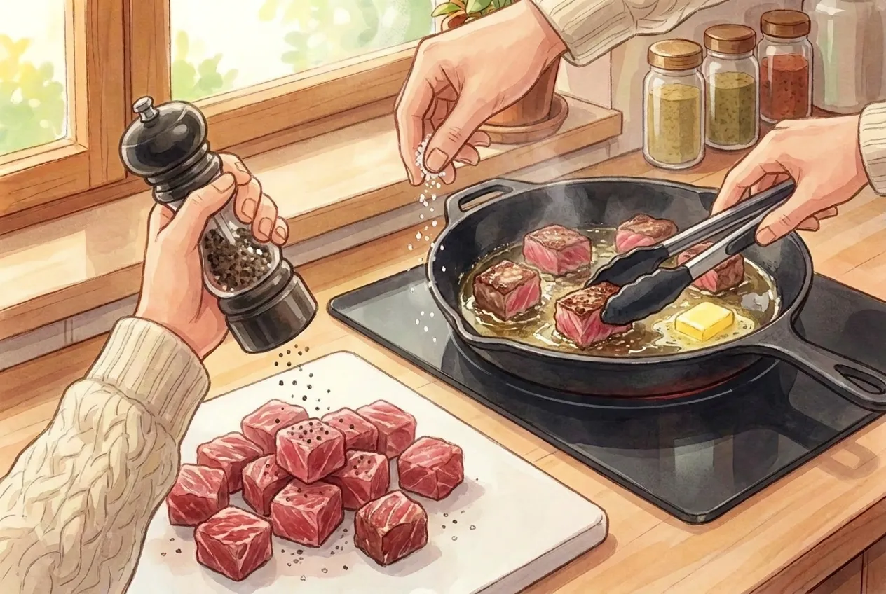 If you're making the steak: pat the cubes dry and season with salt and pepper. Sear in a hot, oiled pan for about 1 minute, add the butter, and keep cooking and turning for another 1-2 minutes, until browned outside and still pink in the middle.