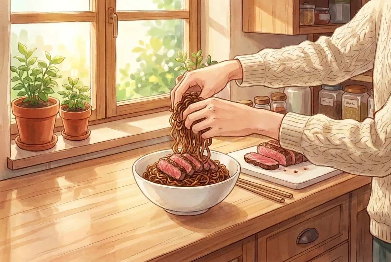 Pile the noodles into bowls, top with the steak if using, and eat while hot. Taste, and stir in a little more of the Neoguri seasoning if you want more heat.