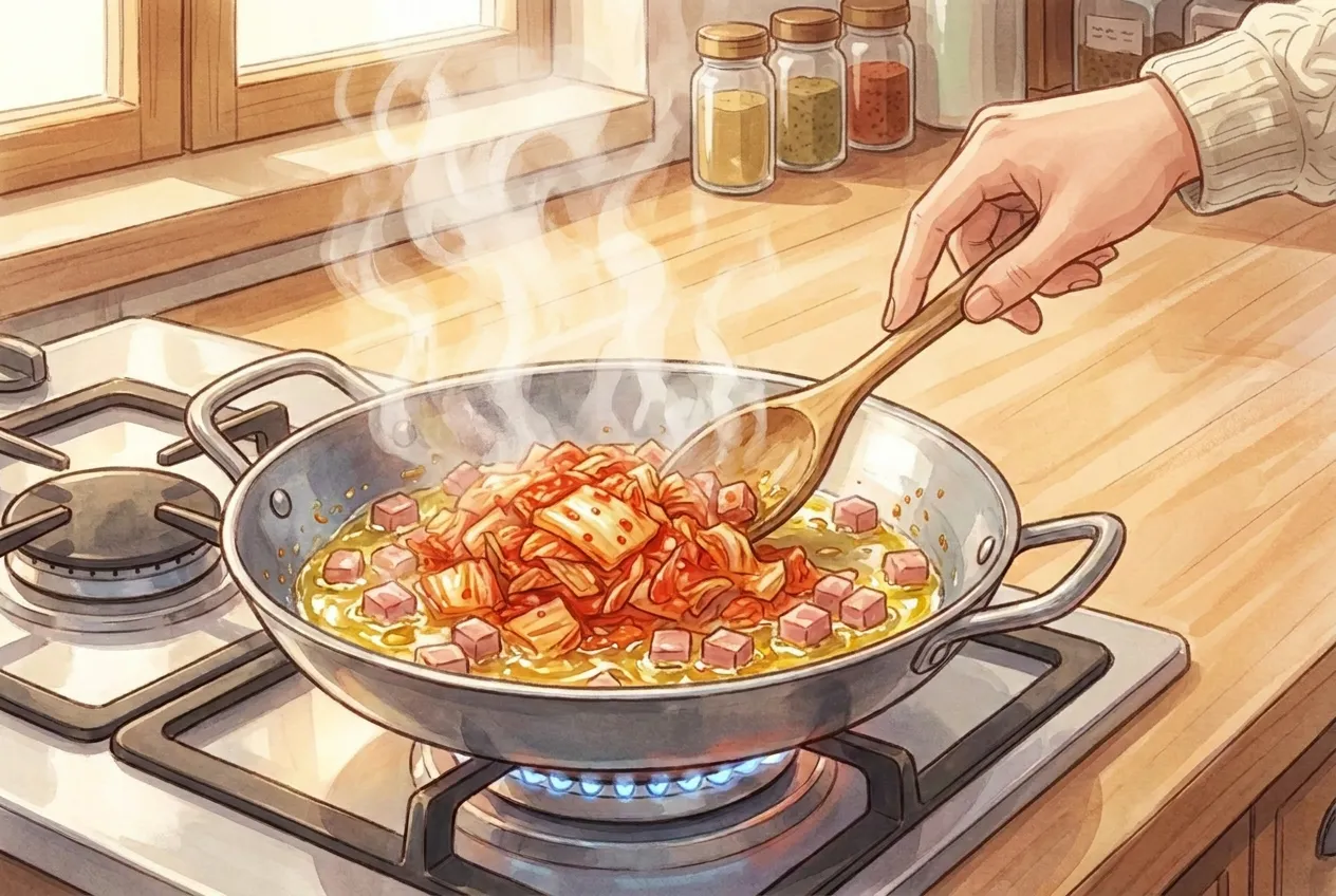 Add the chopped kimchi (and spam or bacon, if using) and stir-fry for 2-3 minutes, until the kimchi turns slightly translucent and smells less raw.