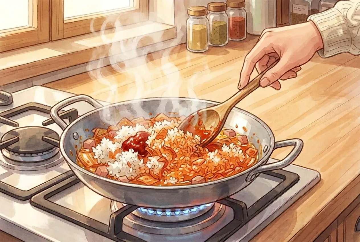 Add the cold rice and the kimchi juice, breaking up any clumps, and stir-fry until every grain is coated in red, about 3-4 minutes. Stir in the gochujang here if you're using it.