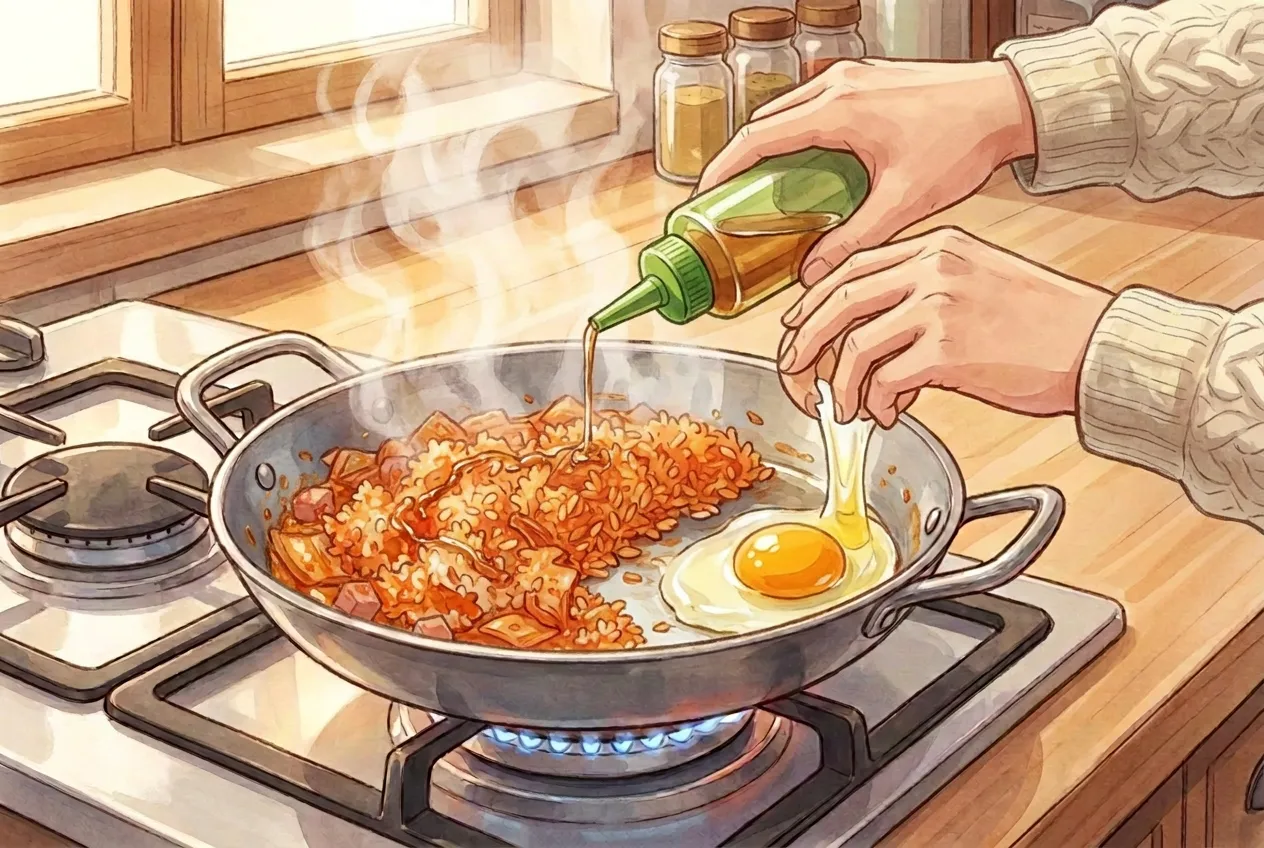 Drizzle the sesame oil over the rice, then push the rice to one side of the pan and fry an egg sunny-side up in the empty space (or in a separate pan).