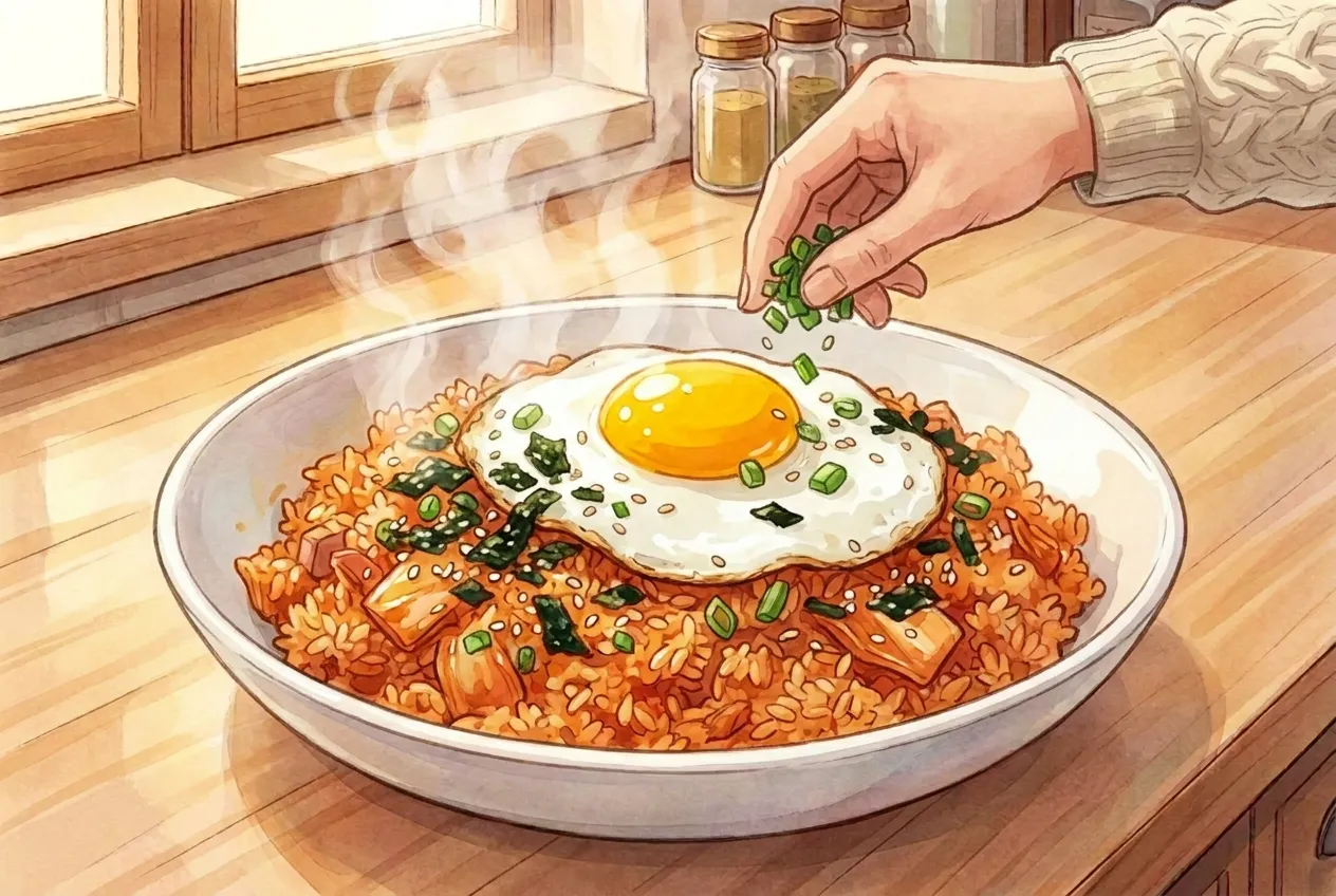 Plate the rice, top with the fried egg, and scatter green onion (and gim or sesame seeds, if using) over the top. Serve hot.