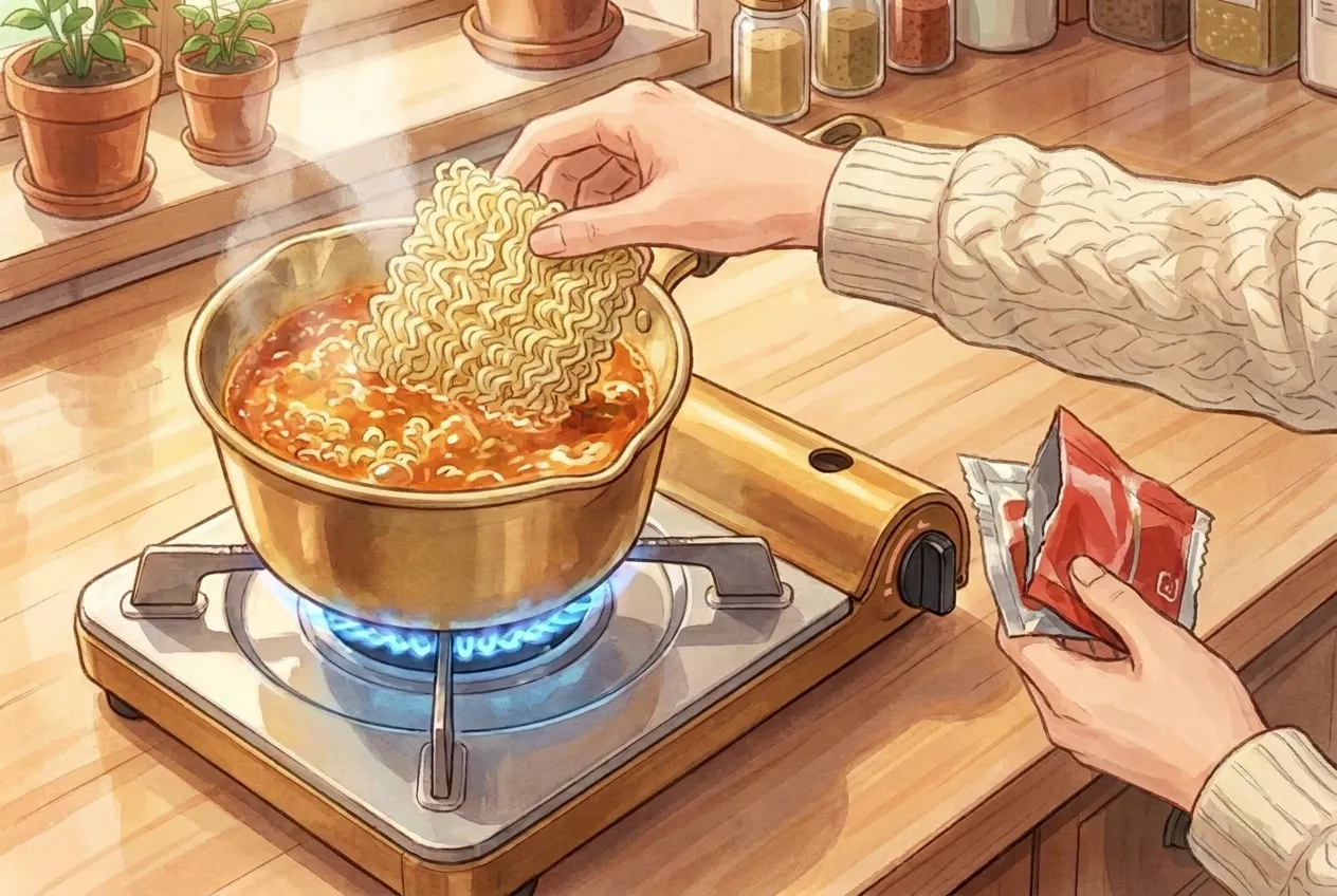 Add the noodles and the soup base packet. Boil for 4 minutes.