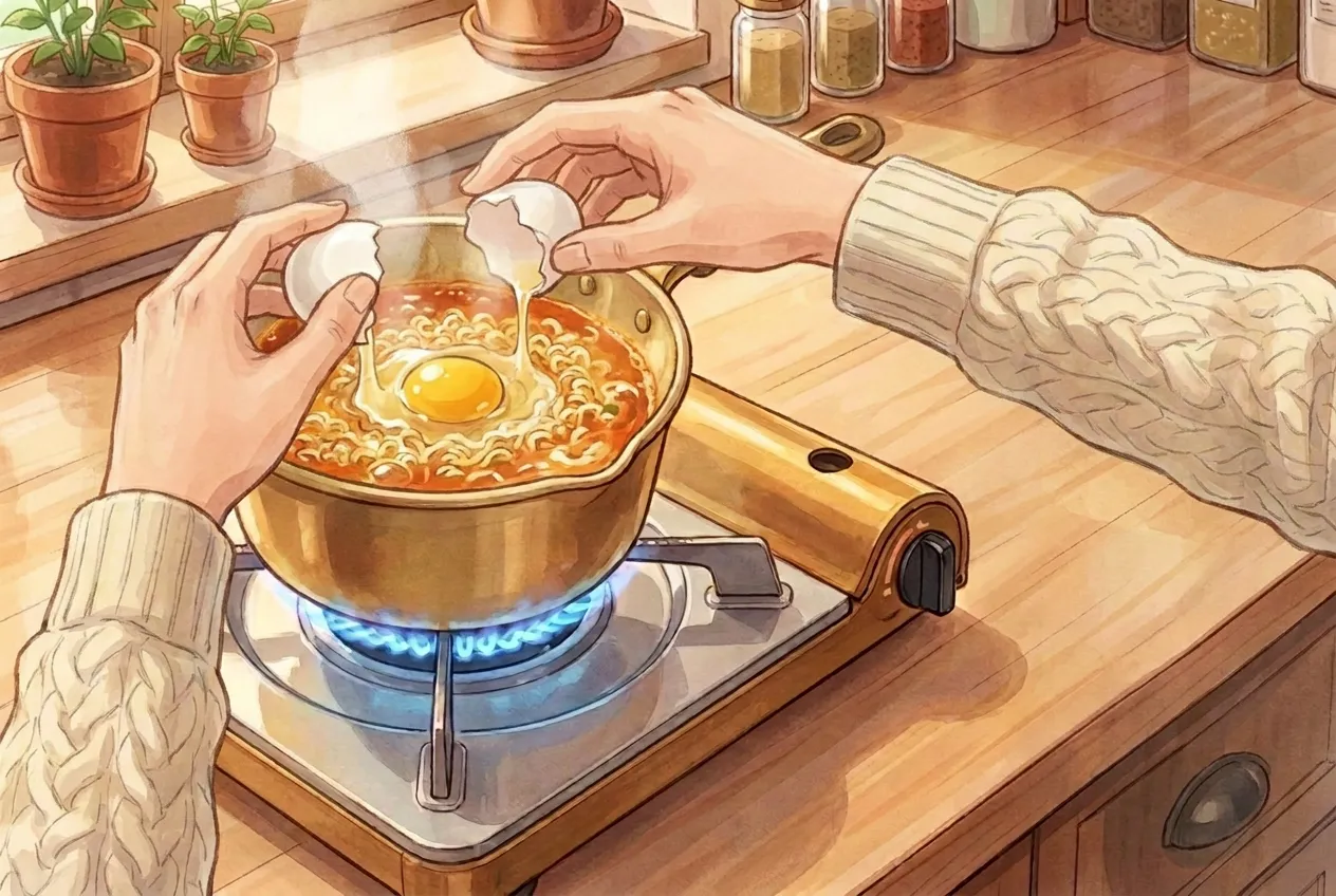 Crack the egg directly into the pot. Don't stir right away — let it sit for about 30 seconds so the white starts to set, then give it one gentle stir.