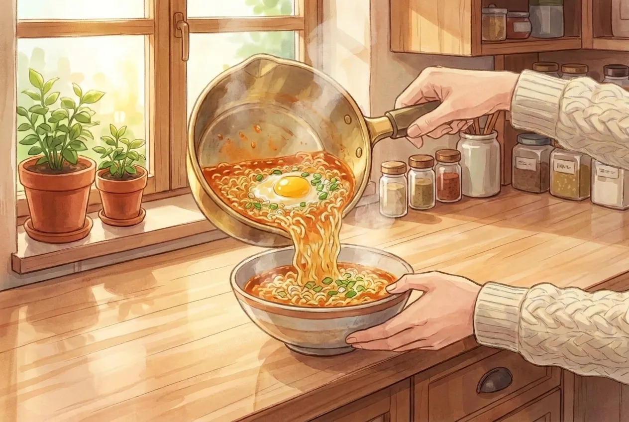 Pour into a bowl and eat while it's hot.