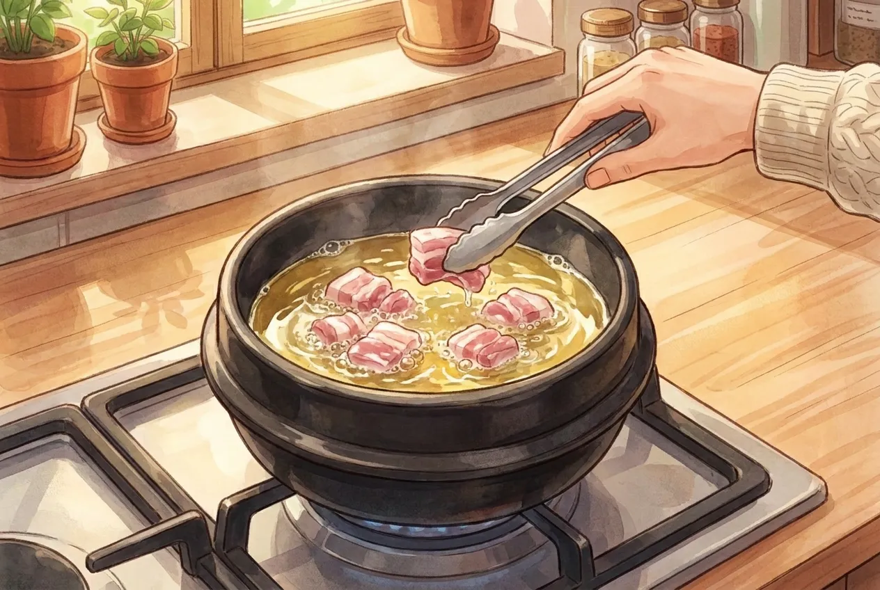 Heat the oil in a small pot or Korean earthenware bowl (ttukbaegi) over medium heat. Add the pork and cook for 2–3 minutes until it starts to turn golden.