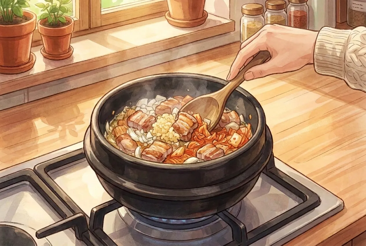 Add the onion, garlic, and kimchi if using. Stir for another 2 minutes until fragrant and softened.