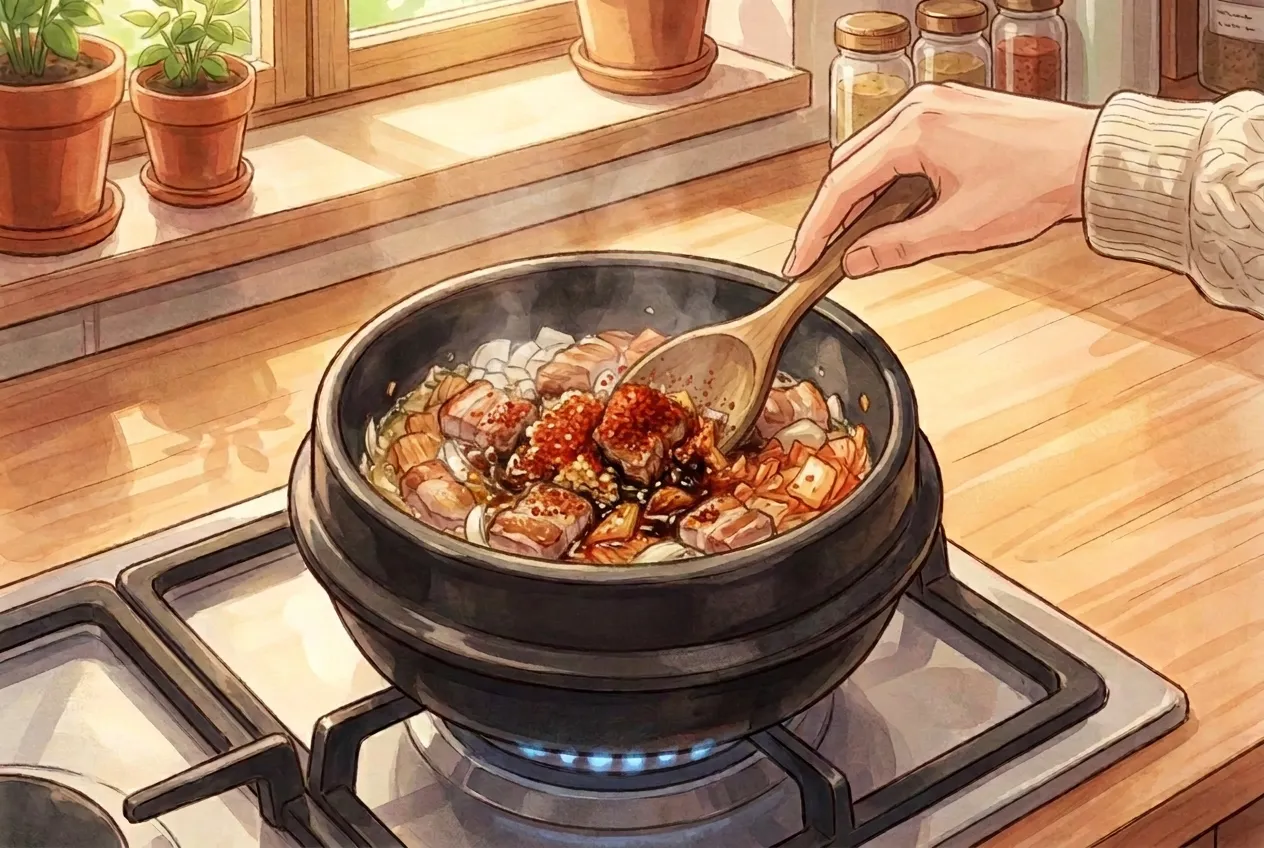 Turn the heat to low. Stir in the gochugaru, soy sauce, and sesame oil and cook for about 30 seconds, stirring constantly so the chili doesn't scorch.