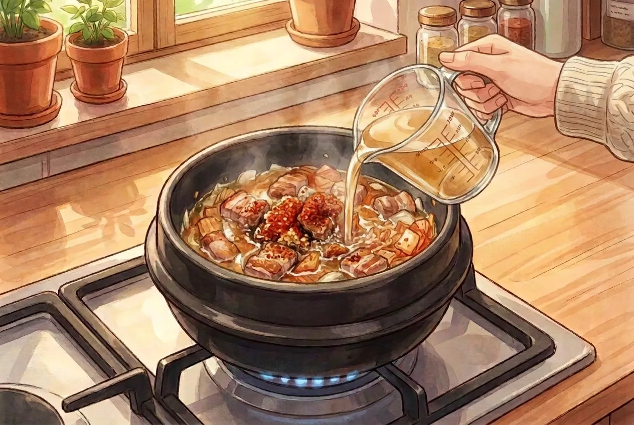 Pour in the stock and bring to a boil. Let it bubble for about 5 minutes so the flavors come together.
