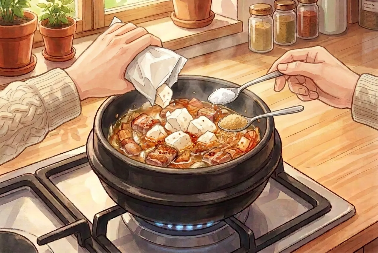 Spoon in the soft tofu in large chunks — don't stir hard, it breaks up on its own. Simmer for 3–4 minutes, then taste and add salt or a pinch of sugar if needed.