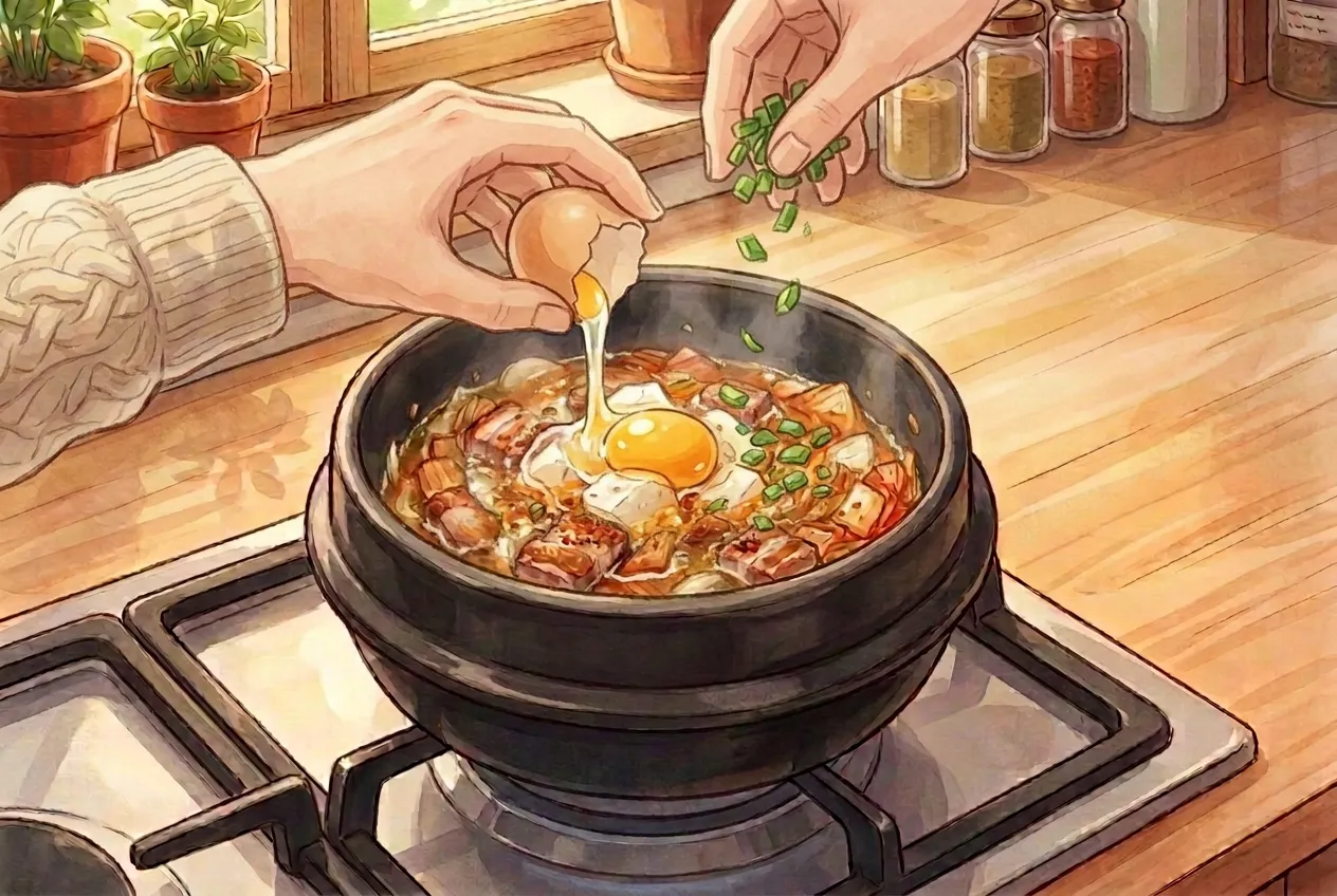Crack the egg into the center, scatter the green onion on top, and turn off the heat. The stew keeps cooking in the hot pot. Serve right away, bubbling, with a bowl of rice.