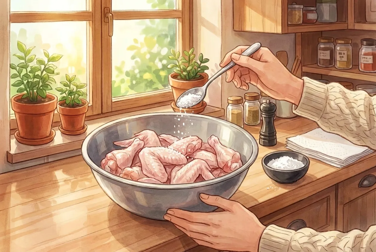 Pat the chicken very dry. Toss with the salt and pepper and let it sit for 10 minutes.