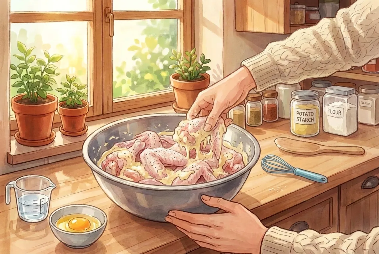 Whisk the egg with the flour and starch, adding 2–3 tbsp cold water until you have a thin batter. Coat the chicken pieces in it.