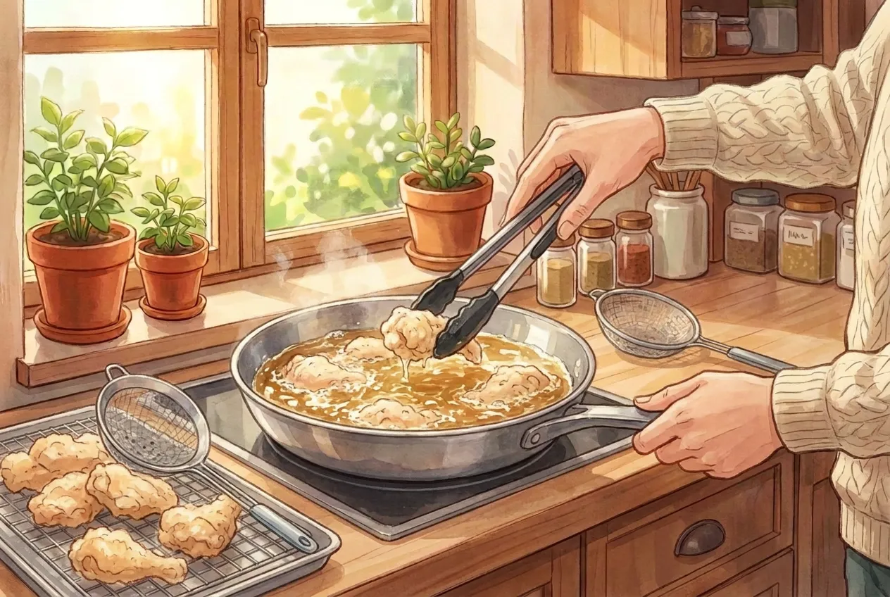 Heat the oil to about 165°C (330°F). Fry the chicken in small batches for 8–10 minutes until cooked through and pale golden. Rest on a rack for 10 minutes.