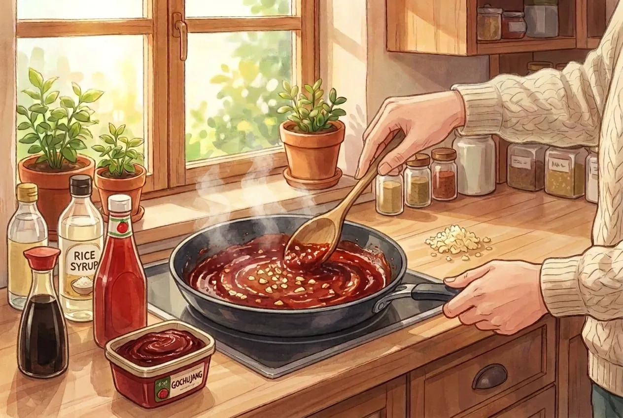 While it rests, simmer the gochujang, ketchup, syrup, vinegar, soy sauce and garlic in a small pan for 2–3 minutes until glossy.