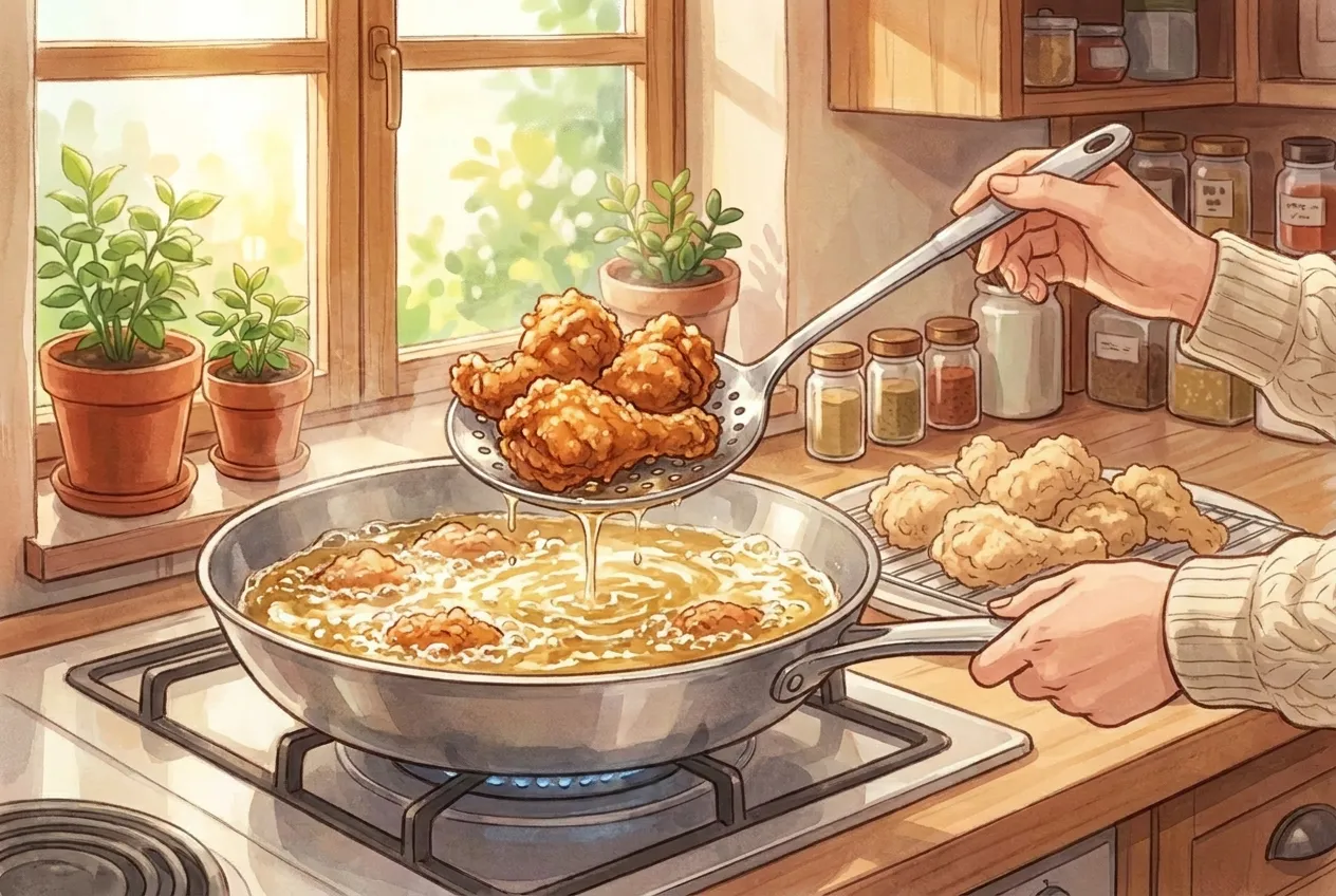 Raise the oil to about 180°C (355°F) and fry the chicken a second time for 3–4 minutes until deep golden and very crisp. This second fry is the secret to the crunch.