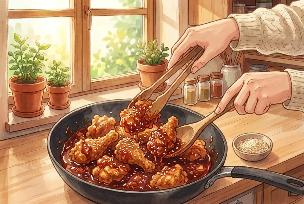 Toss the hot chicken in the sauce right away, sprinkle with sesame seeds, and serve with something cold to drink — beer if you like, for the full chimaek.
